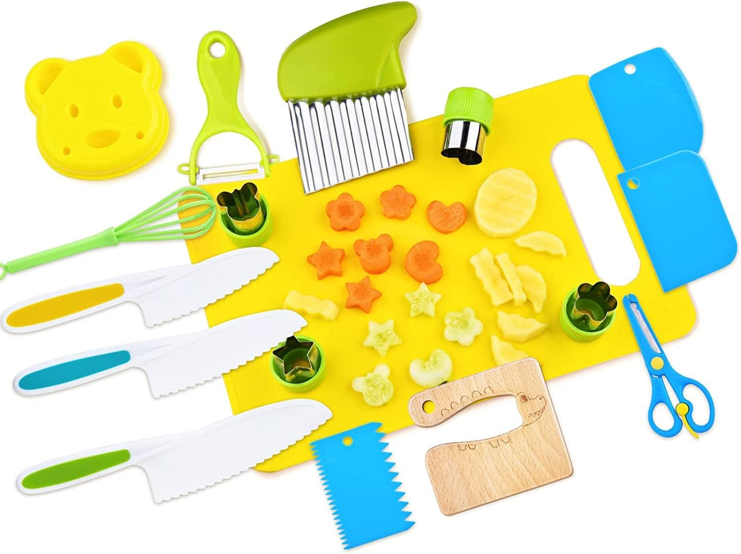 kids Safe Knife set -13 Pieces Montessori Kitchen Tools for Toddlers - Kids Cooking Sets, Toddler Knife for Real Cooking with Safe Knives/Crinkle Cutter/Kids Cutting Board/Peeler/Fruit Cutters Shapes