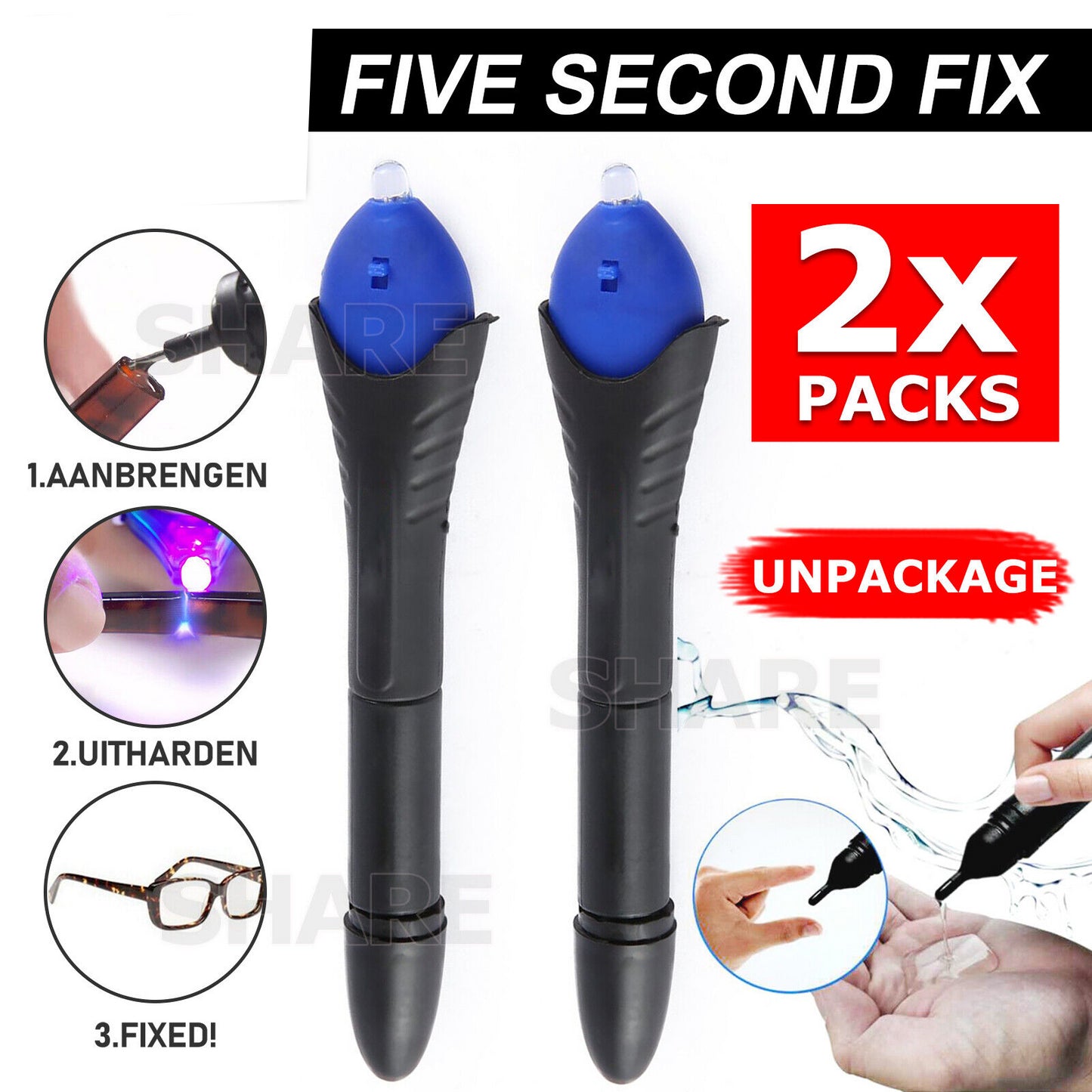 2x Quick 5 Second Fix UV Light Liquid Glass Welding Compound Glue Repair Pen