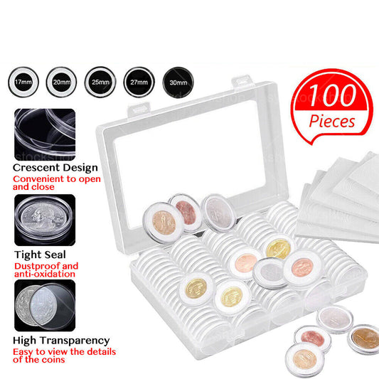 100PCS Coin Storage Box Case Capsules Holder Clear Plastic Round 20/25/27/30mm