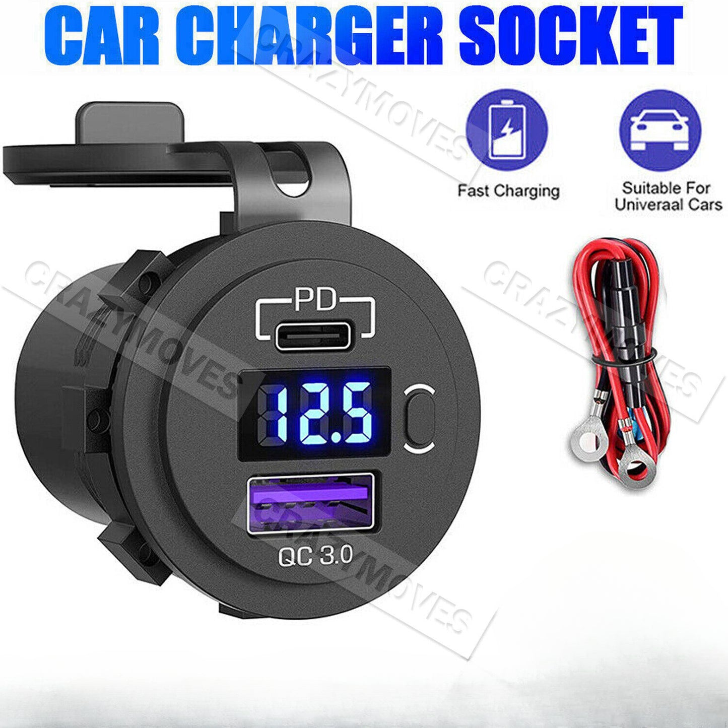 PD Type C USB Car Charger and QC 3.0 Charger 12V Power Outlet Socket ON/Off