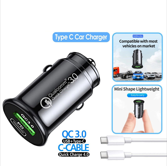 2pcs Type C Car Charger Fast Charging Car USB Adapter Type C Dual Port Quick