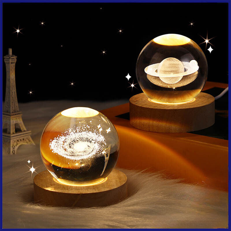 Luminous 3D Glowing Crystal Globe Ball Laser Engraved with Led Light Base Decor