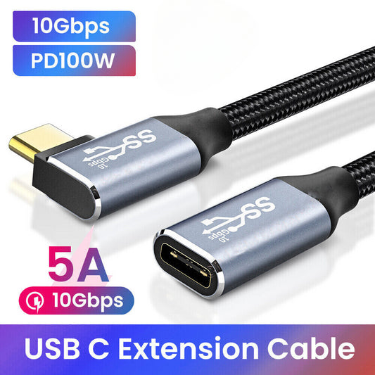 100W 10Gbps Right Angled USB-C Type-C Male to Female Extension Data Cable Cord