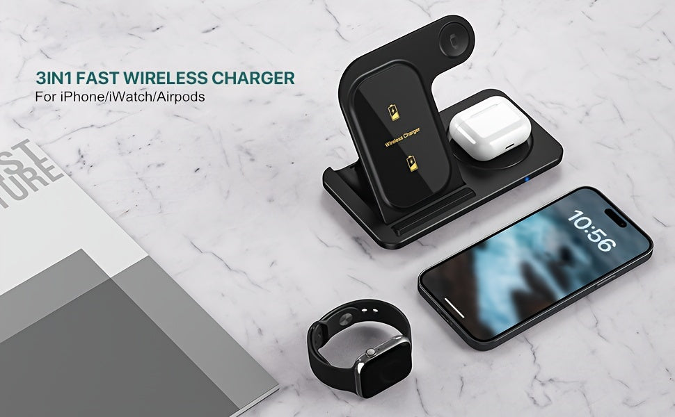 Wireless Charging Station for Multiple Devices Foldable 3 in 1 Fast Charger Station Stand Dock for iWatch Series 9 8 7 6 SE 5 4 3 2 Ultra Airpods Pro 3 2 iPhone 15 14Pro 14 13 Pro Max 13 12 11 Pro X Max XS XR 8