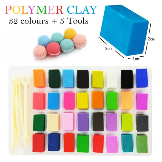 32 Colours Polymer Clay w/ 5 Tools Set Oven Make n Bake Modelling DIY Craft Kids