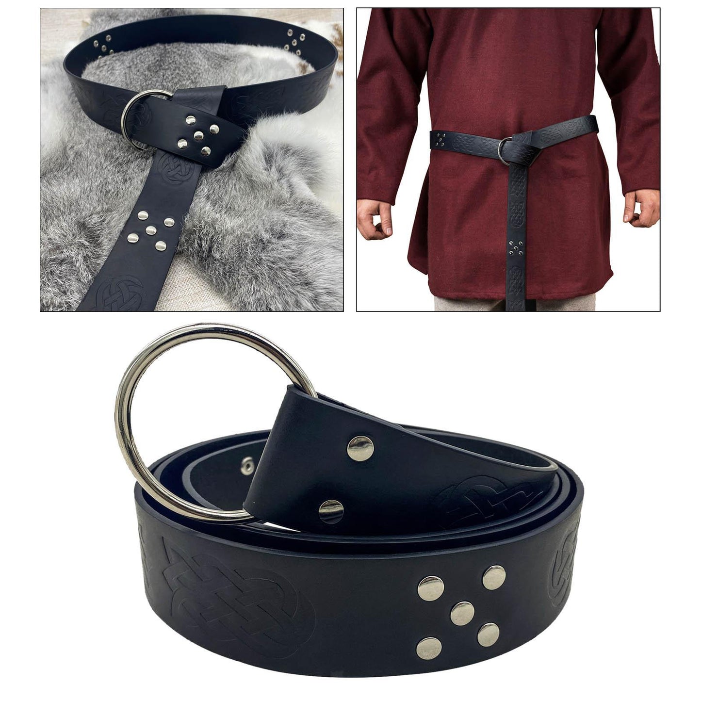 Medieval Belt Renaissance Rivet Embossed Larp PU Leather Costume O Ring Belt