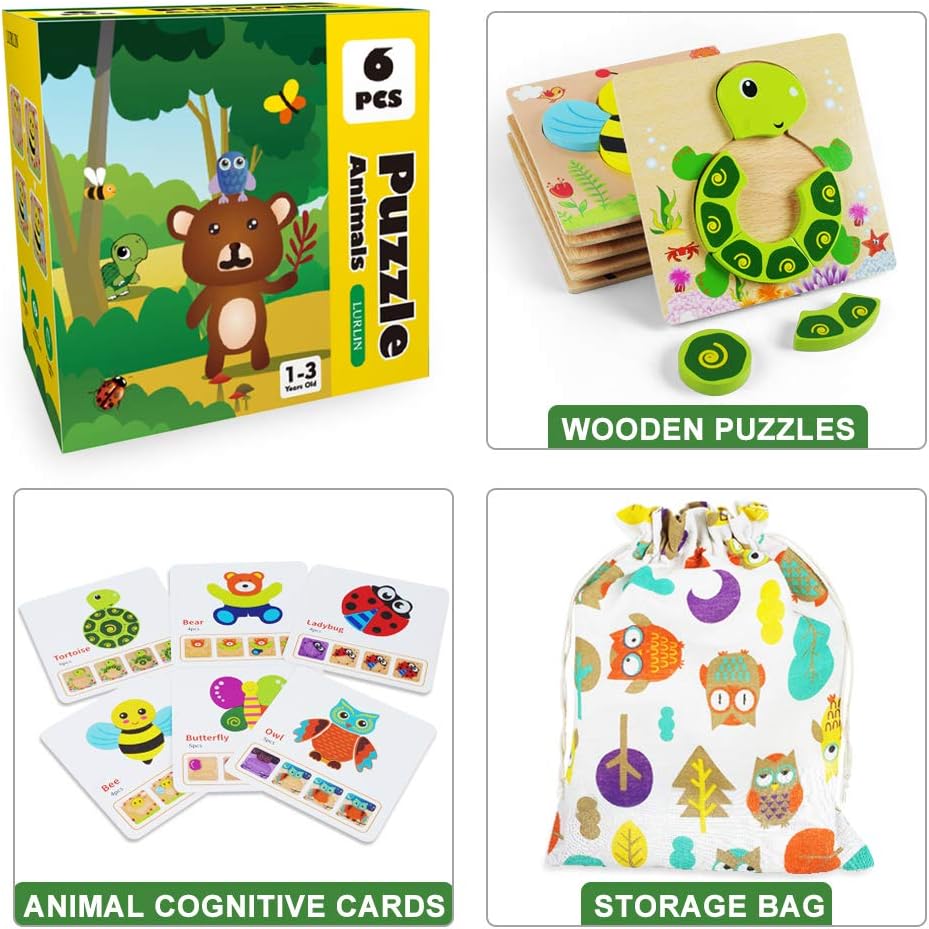 Toddler Puzzles, Wooden Jigsaw Animals Puzzles for 1 2 3 Year Old Girls Boys Toddlers, Educational Preschool Toys Gifts for Colors & Shapes Cognition Skill Learning