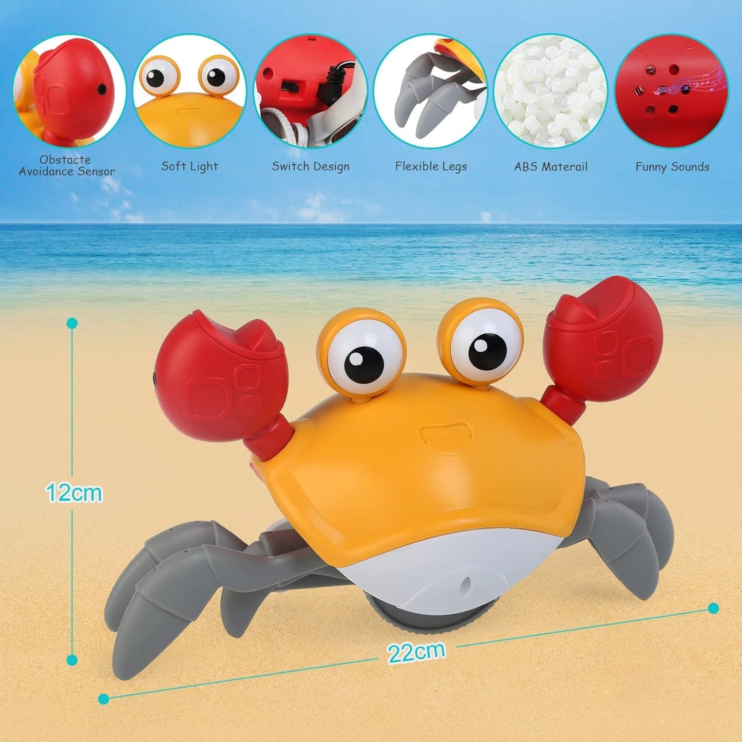 NEWSTYLE Crawling Crab Baby Toy,Walking Dancing Crab Interactive Toys with Automatically Avoid Obstacles,Electronic Light Up Musical Toy for Toddlers and Kids,USB Rechargeable (Orange)