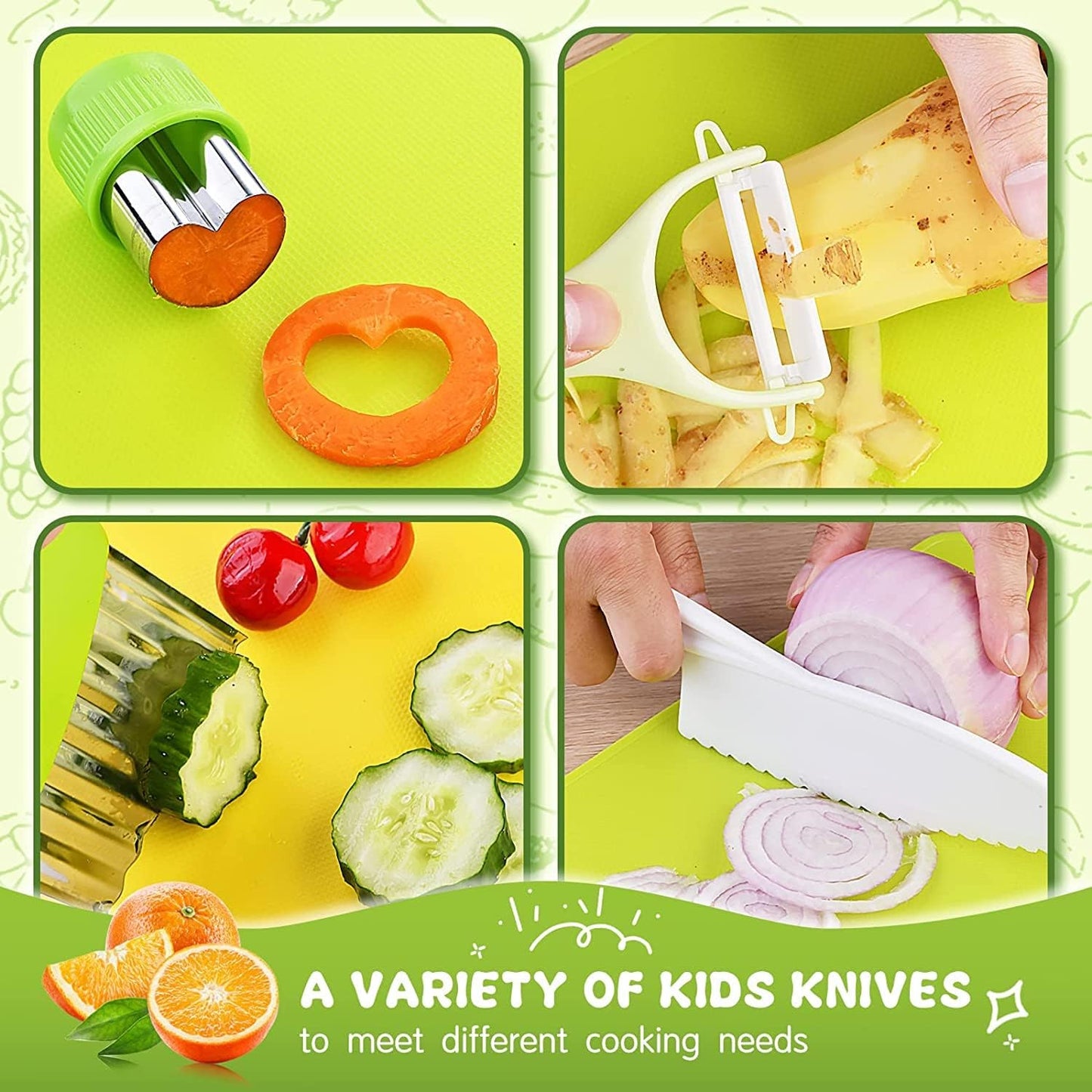 kids Safe Knife set -13 Pieces Montessori Kitchen Tools for Toddlers - Kids Cooking Sets, Toddler Knife for Real Cooking with Safe Knives/Crinkle Cutter/Kids Cutting Board/Peeler/Fruit Cutters Shapes