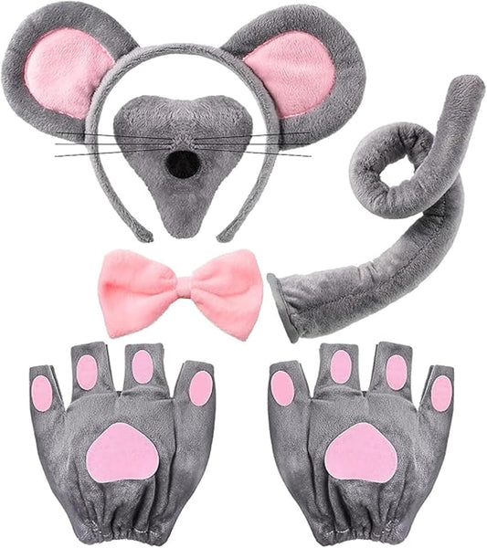 Mouse Costume Set for Kids Adult Mice Ears Headband Mouse Nose Tail Mouse Gloves Bow Tie Animal Costume Accessories for Carnival World Book Day Halloween Cosplay Party Multicolored