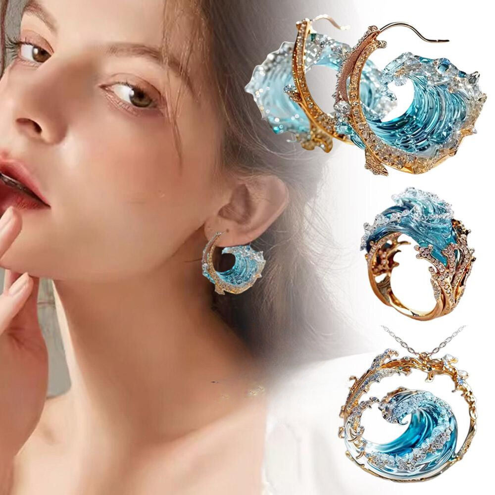 Ocean'S Oath Jewelry Set,Boho Blue Ocean Wave NecklaceEarrings Set 2024