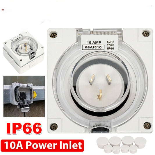 10 Amp Power Inlet 10A SAA Weatherproof IP66 Motorhome Caravan RV 250V Socket