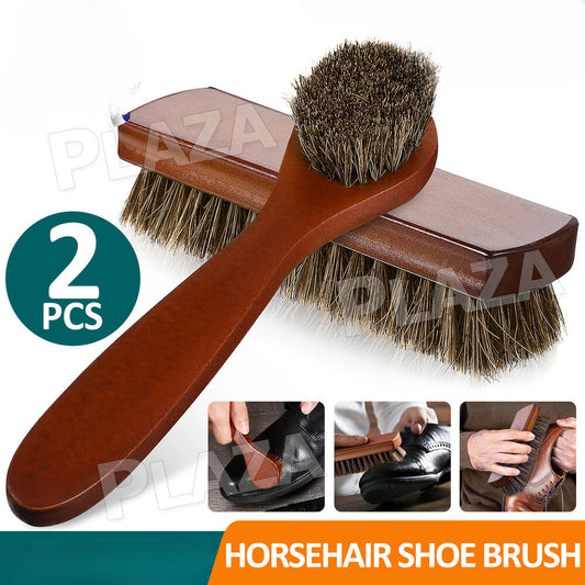 2X Horsehair Shoe Brush Wood Handle Leather Boots Daubers Applicators Cleaning