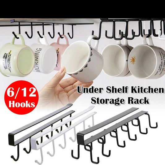 6/12 Hook Mug Cup Rack Holder Under Shelf Kitchen Cabinet Metal Hanger Wardrobe