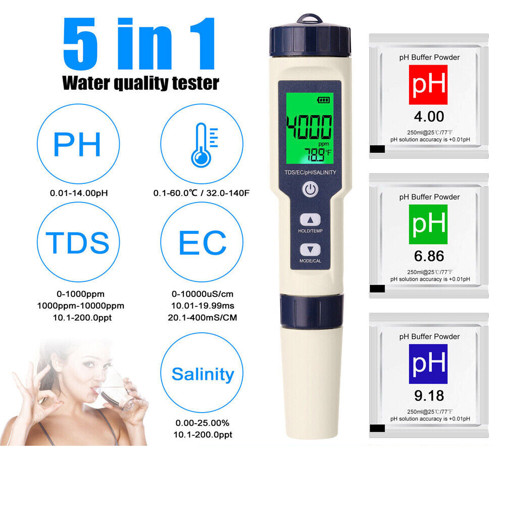 5 in 1 PH Meter TDS/EC/Salinity/Temperature SPA Water Quality Monitor Tester