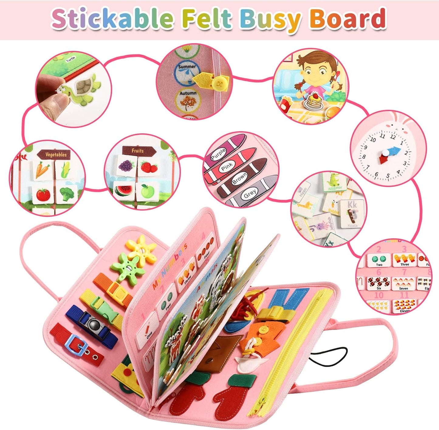 OFIKAL Busy Board Bag for Toddler with Zipper Removable 5 Page, Sensory Activity Developing Board Toys for Preschool, Quiet Book Educational Toys, Montessori Learning Early Education Travel Toy(Pink)