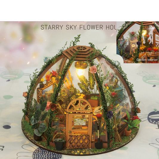 Wooden Mini Starry Flower Green House DIY Miniature Dollhouse Kit with LED Light