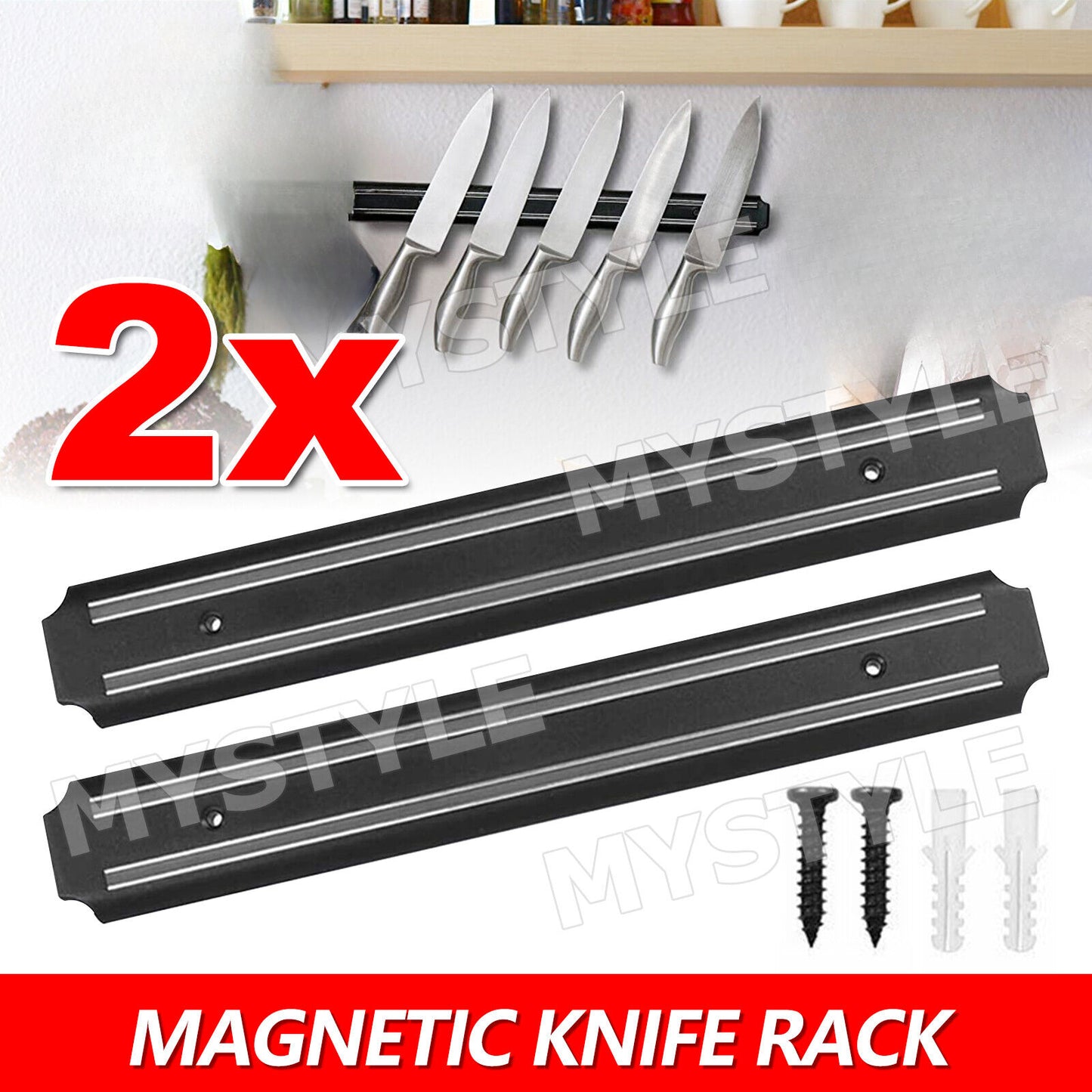 2X Magnetic Knife Rack Magnet Wall Mount Holder Strip Utensil Shelf Kitchen Tool