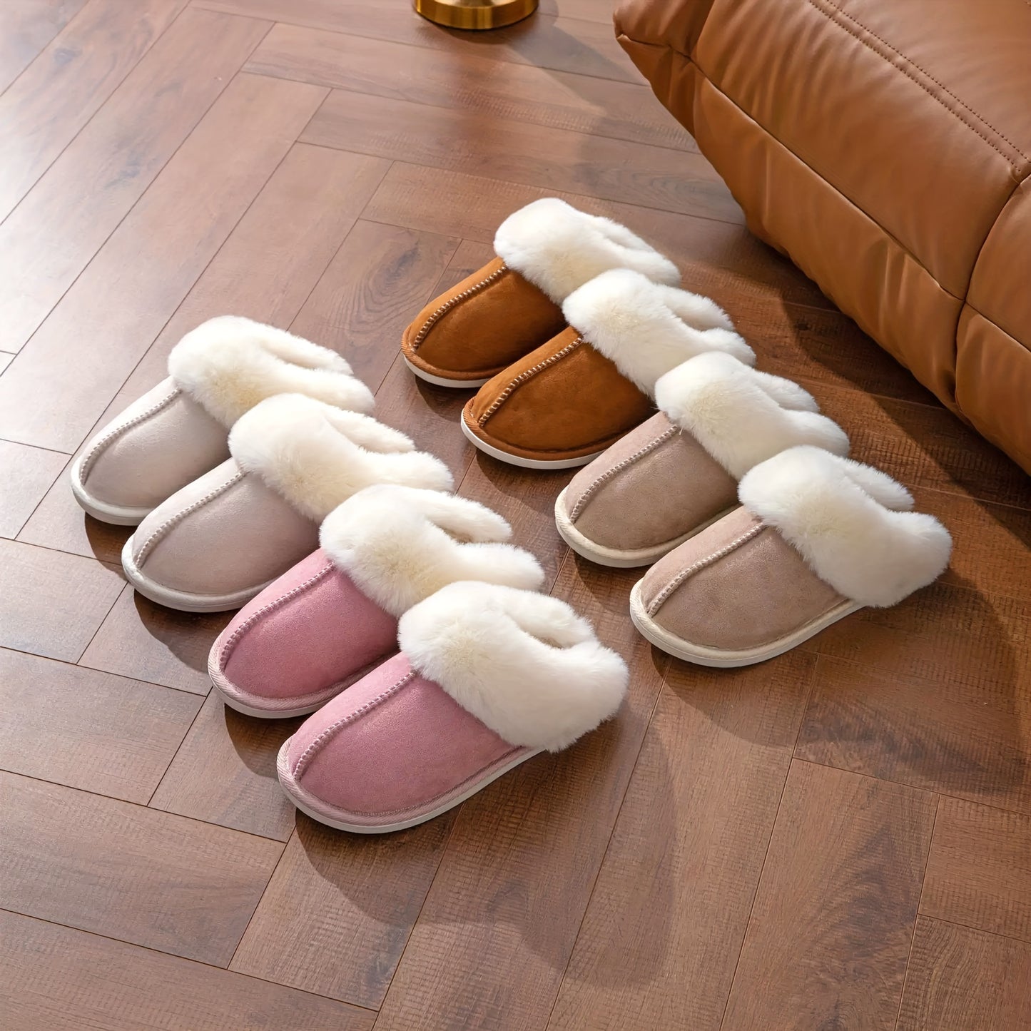 Solid Indoor Warm Plush Anti-skid Home Slippers For Household, Autumn And Winter