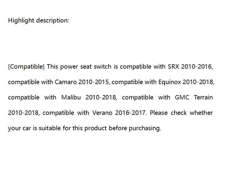 Power Seat Switch Compatible with Camaro 2010-2015 Durable Front Left pafii