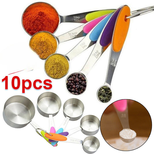 10pcs Set Measuring Cups Kitchen Baking Teaspoon Stainless Steel and Spoons