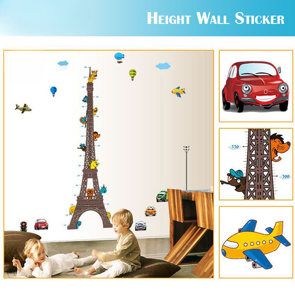 Wall Stickers Removable Eiffel Tower Car Height Kids Nursery Decal Growth Chart