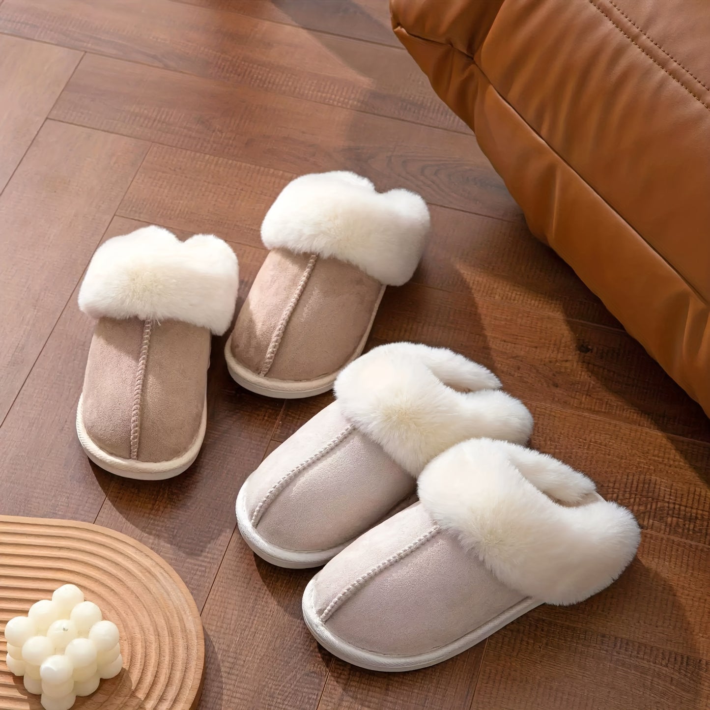 Solid Indoor Warm Plush Anti-skid Home Slippers For Household, Autumn And Winter