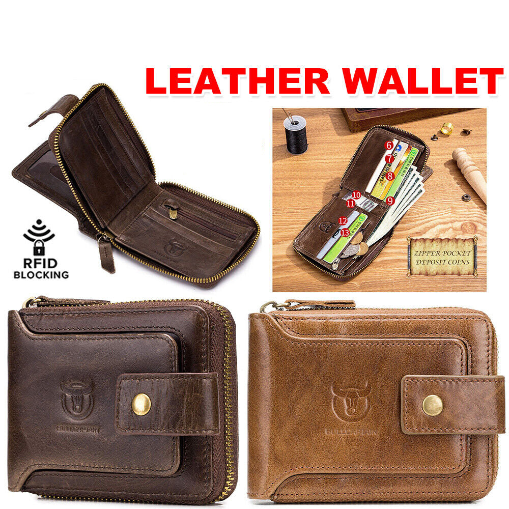 Leather Wallet Men Mens Bifold Wallet RFID Blocking Card Slots Coin Pocket Gift