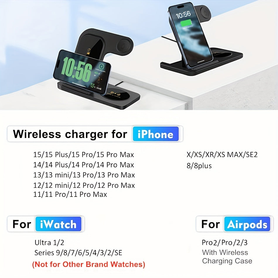 Wireless Charging Station for Multiple Devices Foldable 3 in 1 Fast Charger Station Stand Dock for iWatch Series 9 8 7 6 SE 5 4 3 2 Ultra Airpods Pro 3 2 iPhone 15 14Pro 14 13 Pro Max 13 12 11 Pro X Max XS XR 8