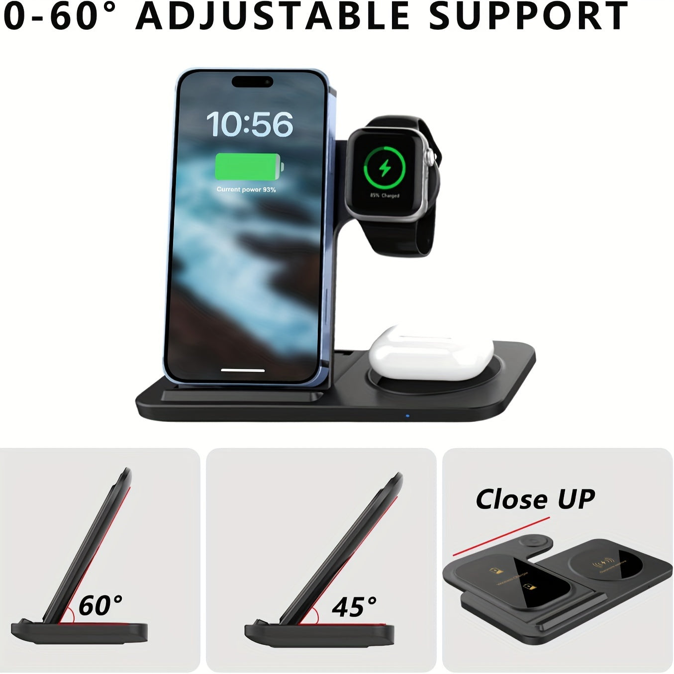 Wireless Charging Station for Multiple Devices Foldable 3 in 1 Fast Charger Station Stand Dock for iWatch Series 9 8 7 6 SE 5 4 3 2 Ultra Airpods Pro 3 2 iPhone 15 14Pro 14 13 Pro Max 13 12 11 Pro X Max XS XR 8