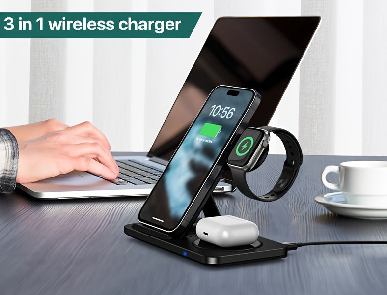 Wireless Charging Station for Multiple Devices Foldable 3 in 1 Fast Charger Station Stand Dock for iWatch Series 9 8 7 6 SE 5 4 3 2 Ultra Airpods Pro 3 2 iPhone 15 14Pro 14 13 Pro Max 13 12 11 Pro X Max XS XR 8