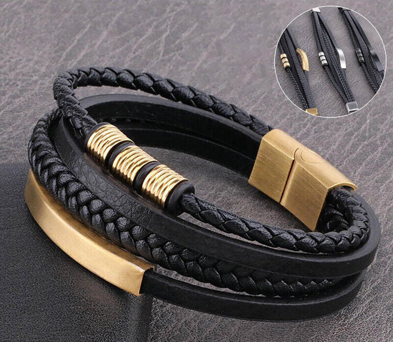 Men's Stainless Steel Leather Bracelet Multilayer Braided Cuff Magnetic Clasp