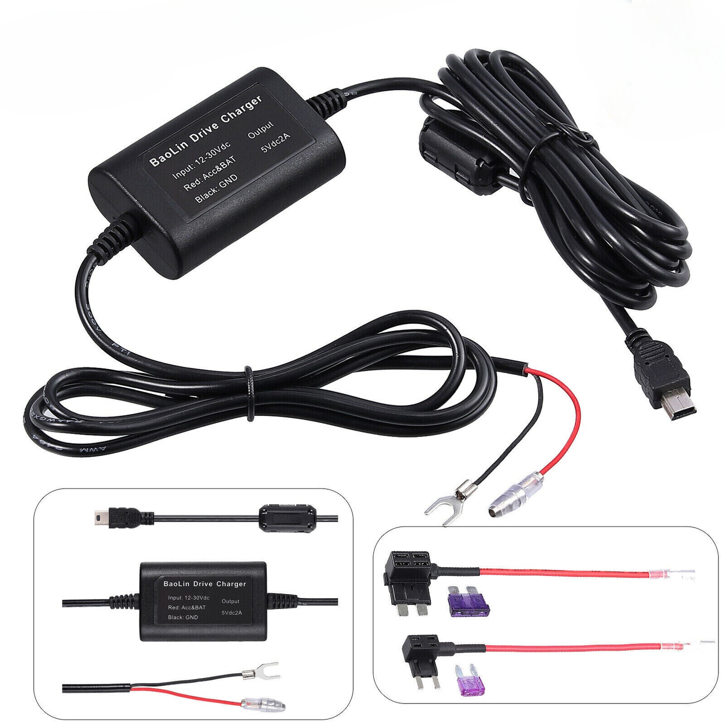 Universal 3.2m Car Dash Cam Fuse Hard Wire Kit Camera DVR 12-24V To 5V Mini USB