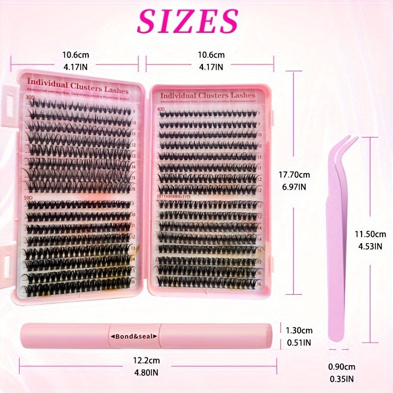 Lash Extension Kit, 640pcs/320pcs/280pcs Mix DIY Eyelash Extension Kit 304050D Combination Lash Clusters D Curl Individual Lashes Kit With A Double-ended Lash Bond And Seal And Comfortable Lash Tweezers D Curl 9-16mm Mixed Lash Extension Kit