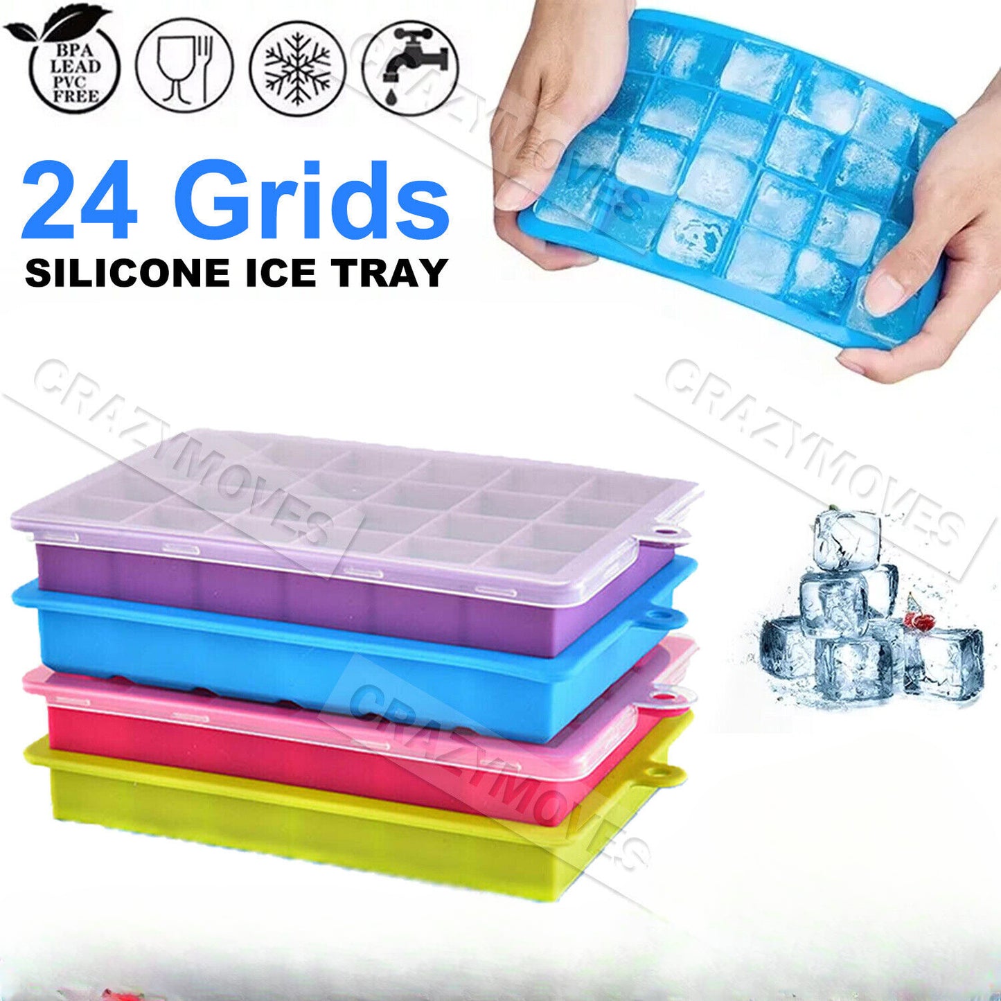 3PCS Silicone 24 Grids Ice Cube Tray With Lid Mold Maker Tool Square Mould