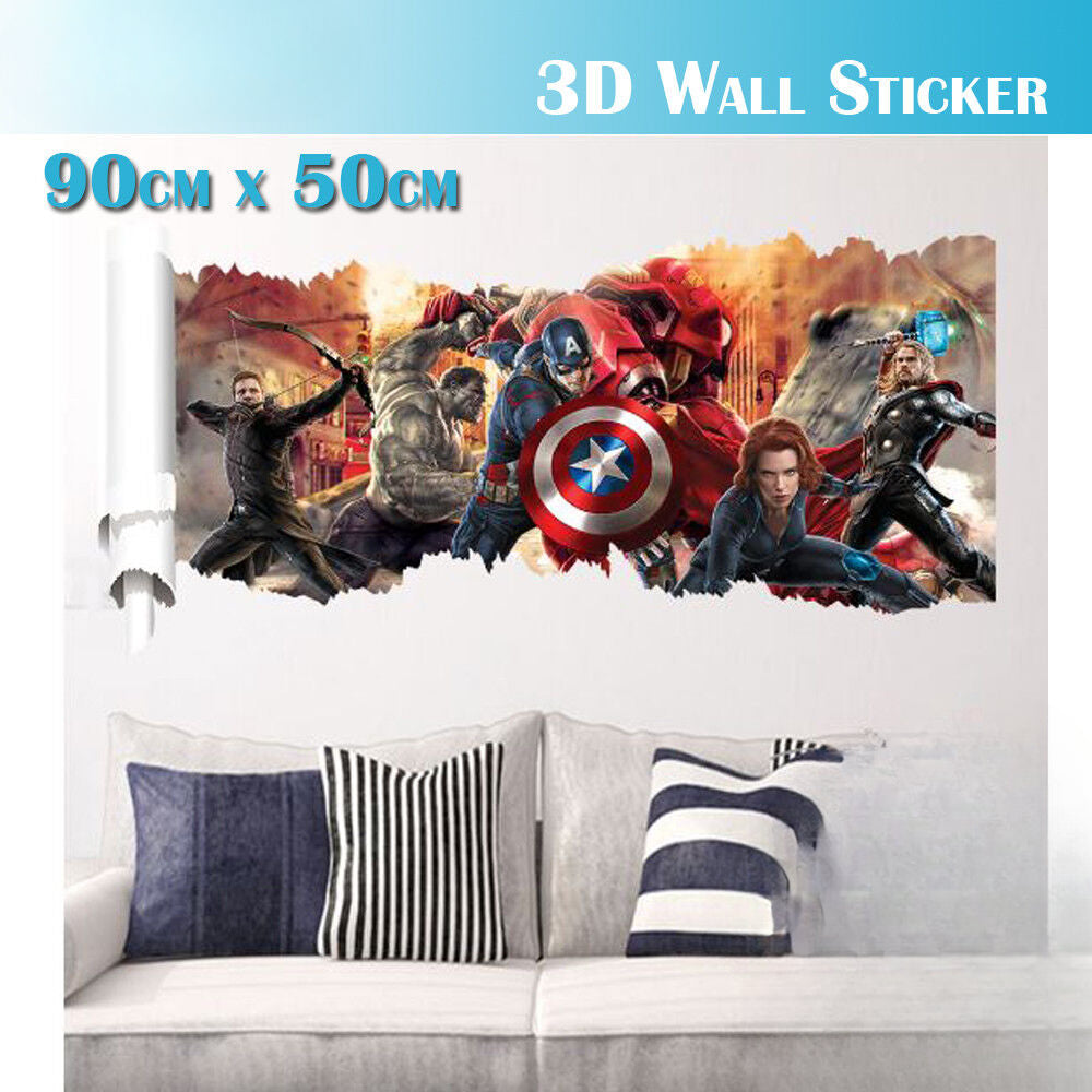 3D Wall Stickers Removable The Avengers Iron Man Hulk Broken Wall Kid Boy Room