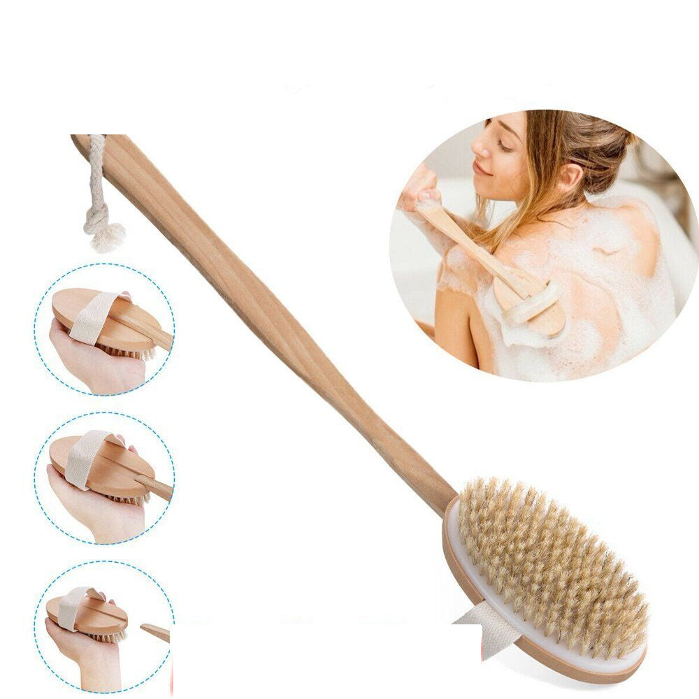 Long Handle Wooden Bath Body Back Brush Scrubber Massager Natural Shower