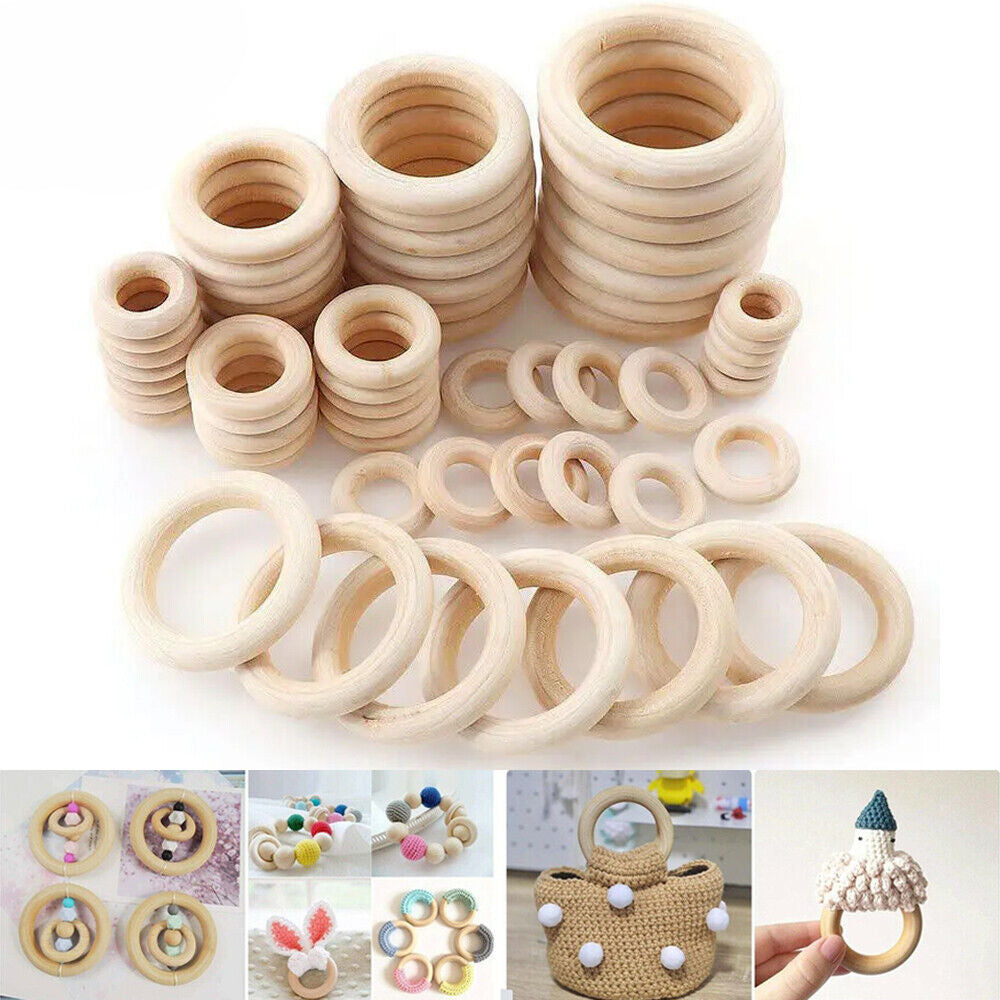 30pcs Wood Rings Unfinished Raw Natural Round Craft Donut Ring Wooden Circle Beads