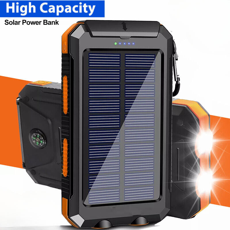 Solar Power Bank 900000mAh Pack Waterproof 2USB LED Battery Charger For Phone