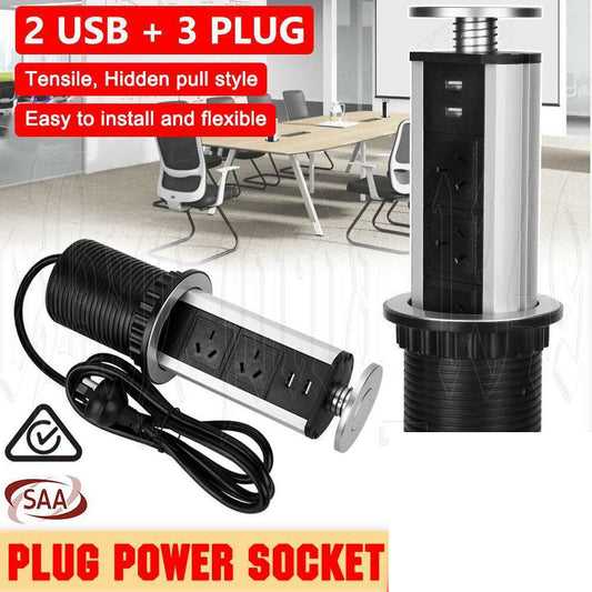 Pop Up Power Point 3 Socket Plug + 2 USB Table Home Kitchen Desk Outlet