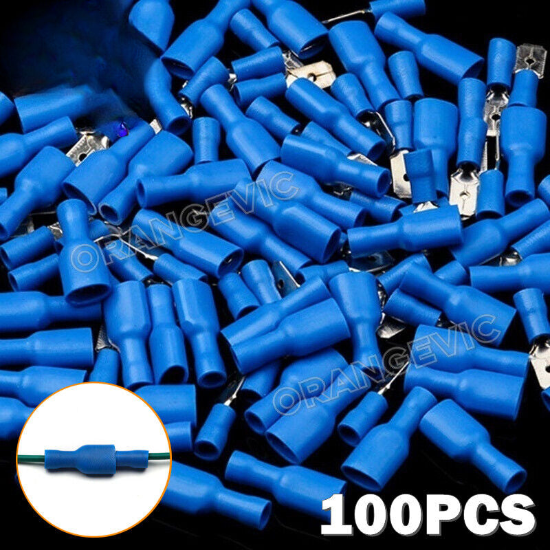 100PCS Insulated Spade Electrical Wire Connectors Splice Crimp Terminal Kit Blue