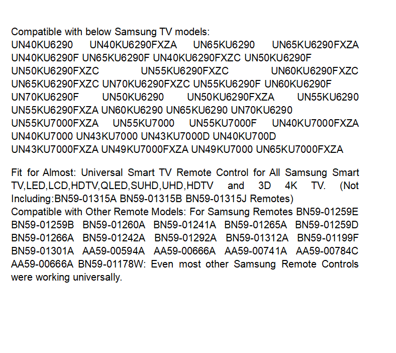 Universal Remote Control BN59-01292A BN59-01259E 4K UHD Smart for All SAMSUNG TV