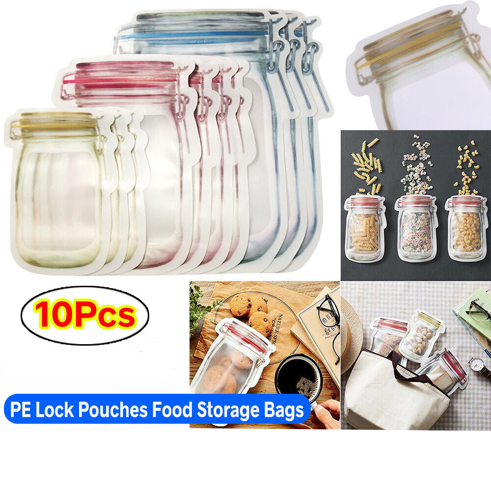 10pcs Mason Jar Reusable Zip Bag Food Storage Stand Up Zipper Pouch PE