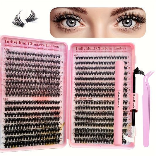 Lash Extension Kit, 640pcs/320pcs/280pcs Mix DIY Eyelash Extension Kit 304050D Combination Lash Clusters D Curl Individual Lashes Kit With A Double-ended Lash Bond And Seal And Comfortable Lash Tweezers D Curl 9-16mm Mixed Lash Extension Kit