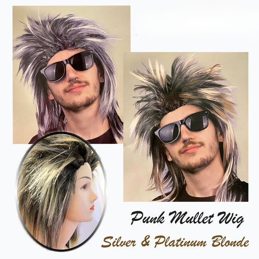 Mens Long Spiky Mullet Wig Silver Blonde Rock Punk 80s 70s Party Costume Cosplay