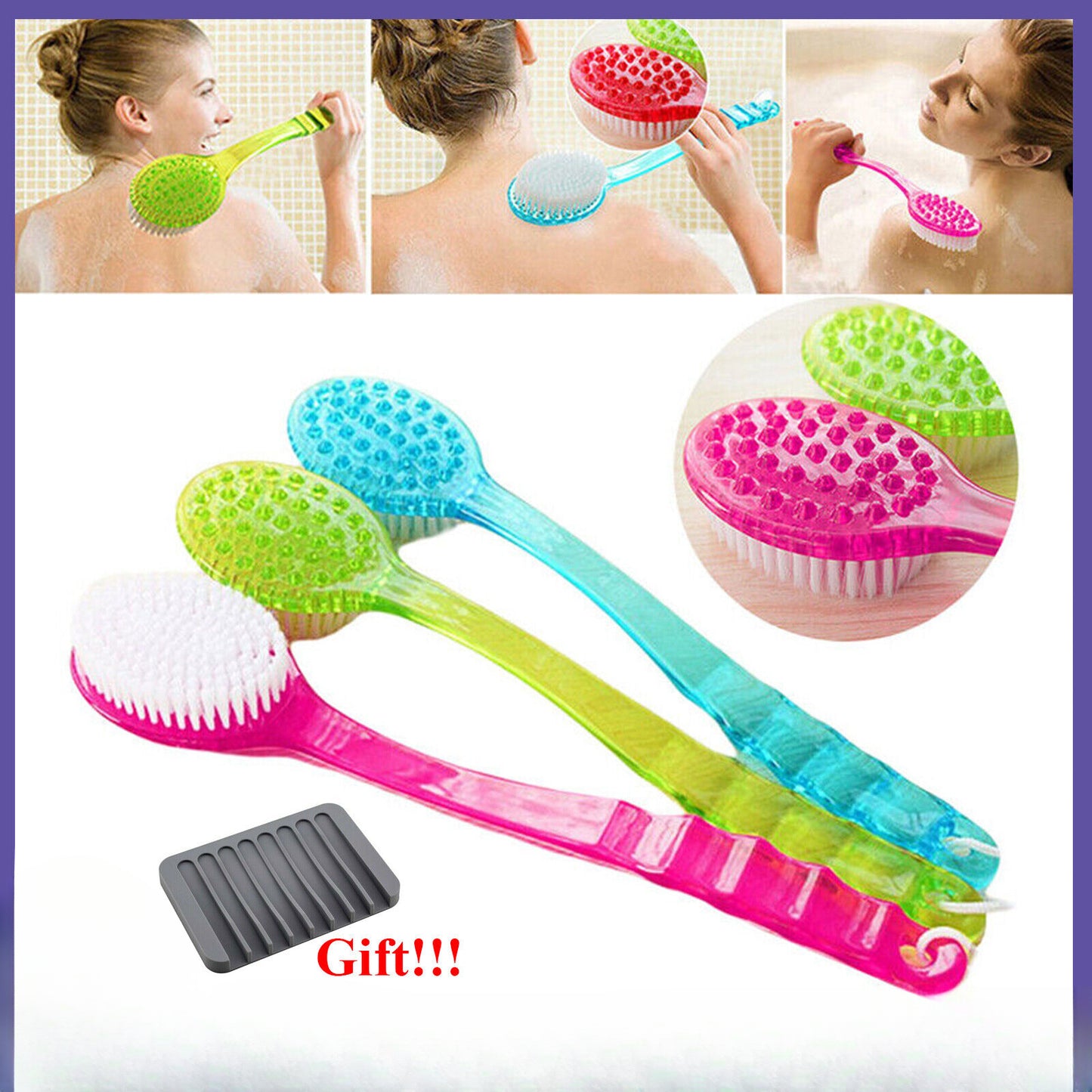 Long Handled Plastic Body Bath Shower Back Brush Scrubber Cleaning Massager