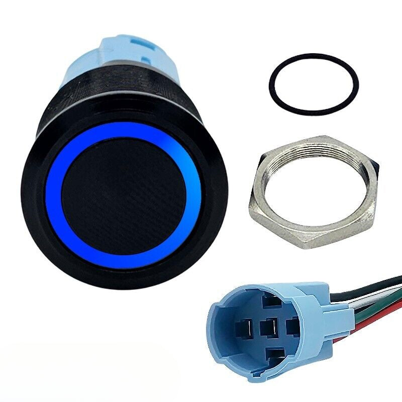 Round Switch Push Button Latching ON OFF 12V 16mm NO NC IP67 BLUE LED RING Black