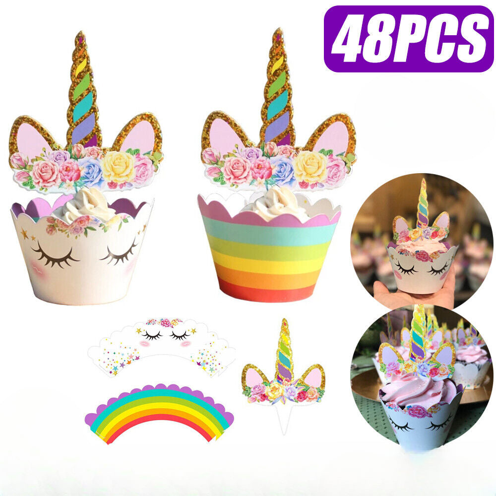 48pcs Unicorn Cupcake Toppers Wrappers Birthday Party Cake Decorations Kids