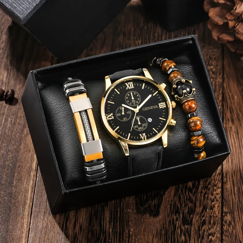 3pcs/set Men's Casual Analog Watches And Analog Bracelets, Chronograph Easy Wear Business Watches For Men, Beaded Bracelet Buckle Bracelet