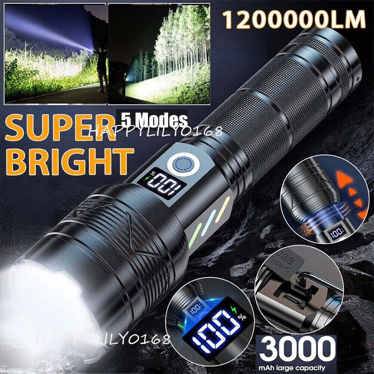 4000LM LED Flashlight Zoom Light Super Bright Torch USB Rechargeable Lamp